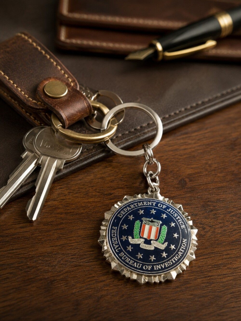 Vintage FBI Department of Justice Seal Enamel Keychain Silver Tone